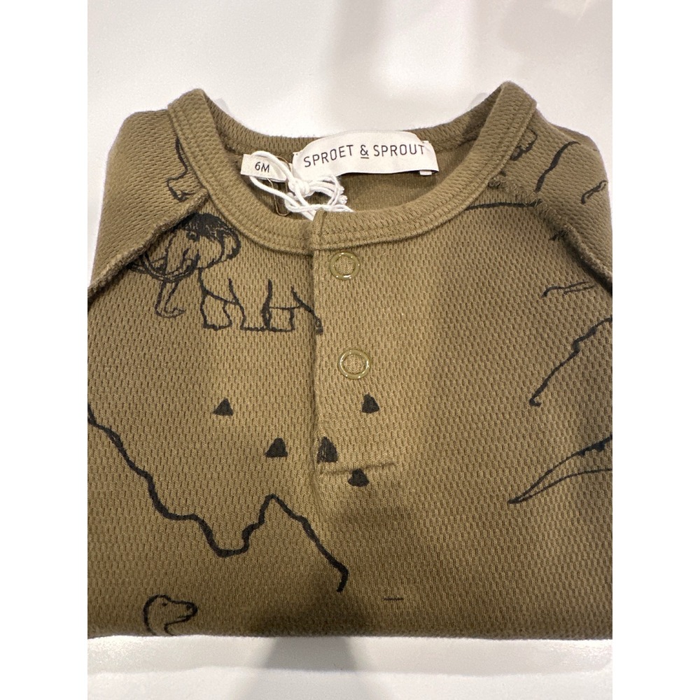 Sproet & Sprout Dino Print Grandad Tee Shirt Khaki Green 6M W22-314 NWT